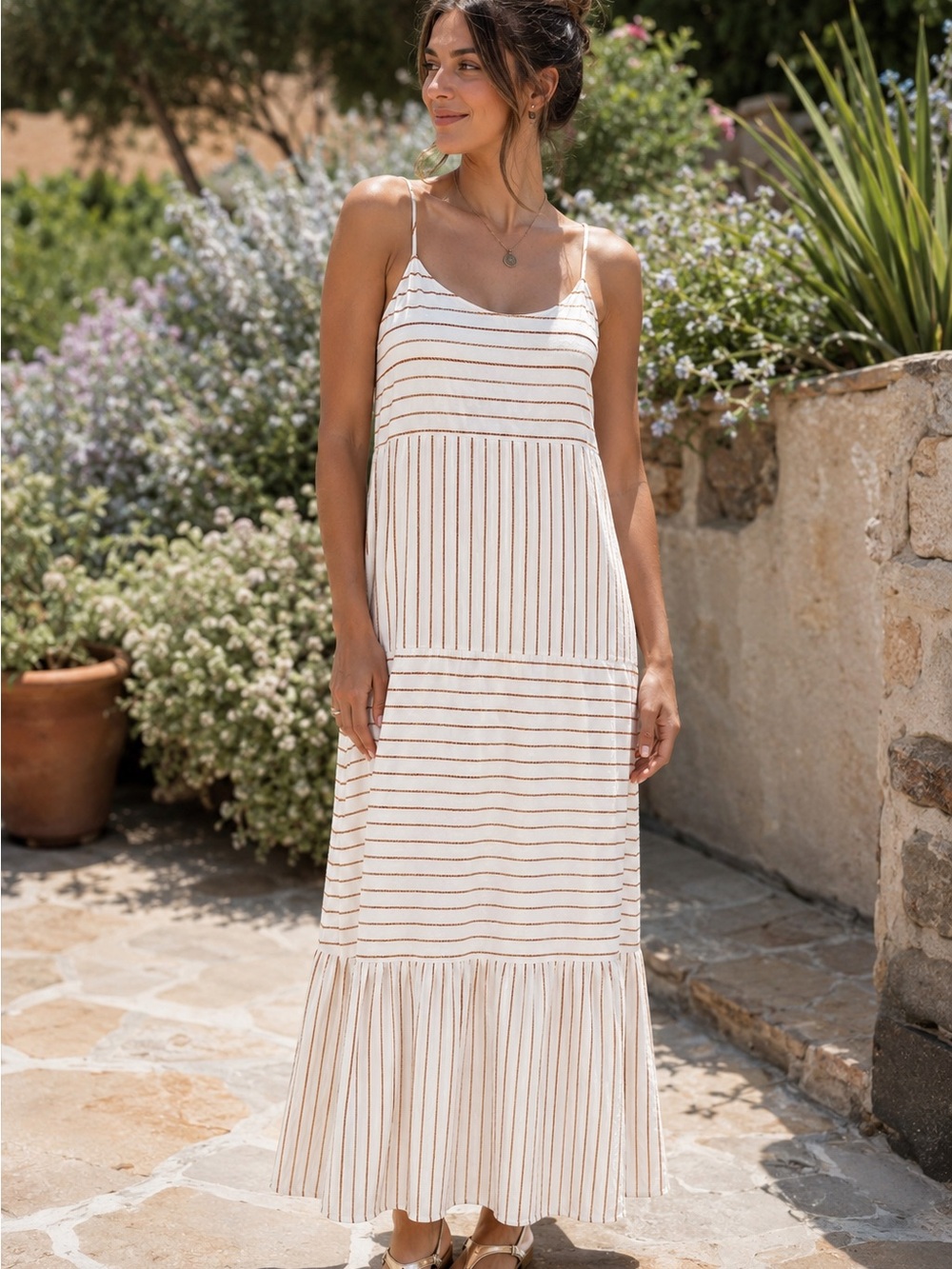 Savanna Jane Size L Cream Rust Stripe Tie Back Maxi Dress Boho Adjustable Straps